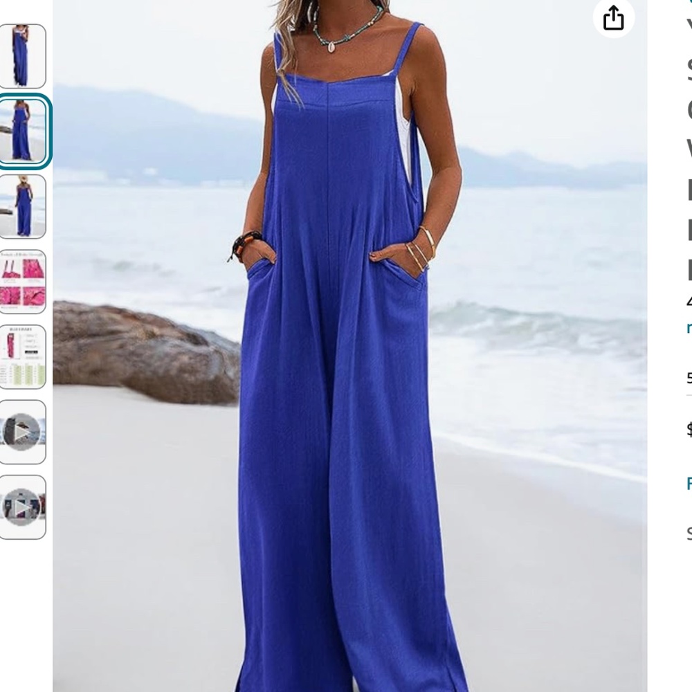 YESNO Women's Summer Boho Casual Jumpsuits Wide Leg Overalls Blue Large - Picture 2 of 8